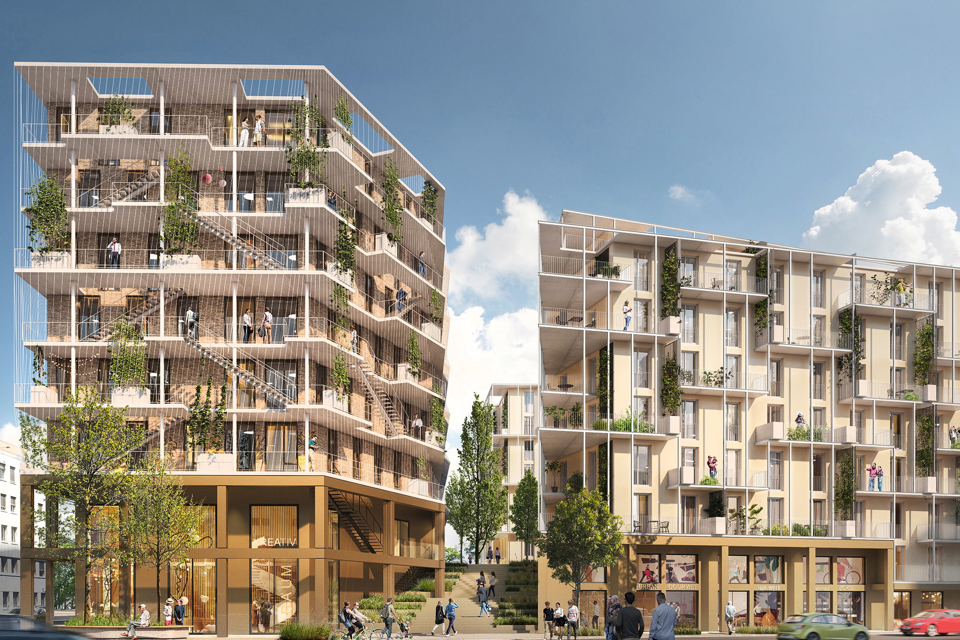 Plus-Energie-Quartier, Wien&nbsp;Wiens erste »rosa Zone« entsteht in Floridsdorf. Hier wird ein Betriebsgebiet zu einem gewerblichen Mischgebiet und zum Quartier, das Wohnen und Arbeiten mit einem ambitionierten Energiekonzept kombiniert. Planung: Soyka/Silber/Soyka Architekten. architekt.at