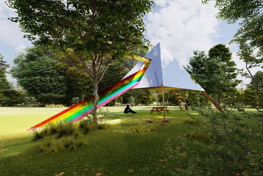 Urlaubsdestination für Musikliebhaber:innen der Bank Pink Floyd. Das Design erinnert an das ikonische Album-Cover »Darkside of the Moon«. Eingereicht von Madeleine T. aus dem UK.
