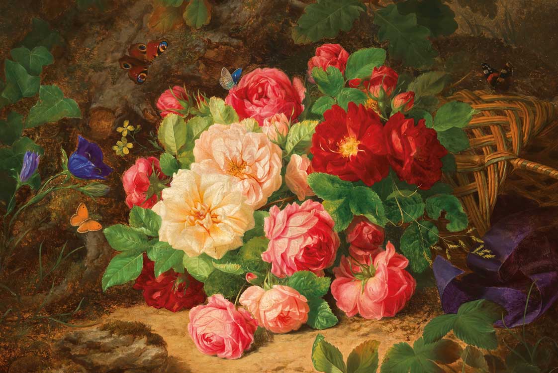 Josef Lauer (1818–1881), Rosenstück mit Schmetterlingen am Waldboden, Öl auf Leinwand, 53,5 x 63,5 cm,&nbsp;Schätzwert&nbsp;€ 35.000 – 45.000