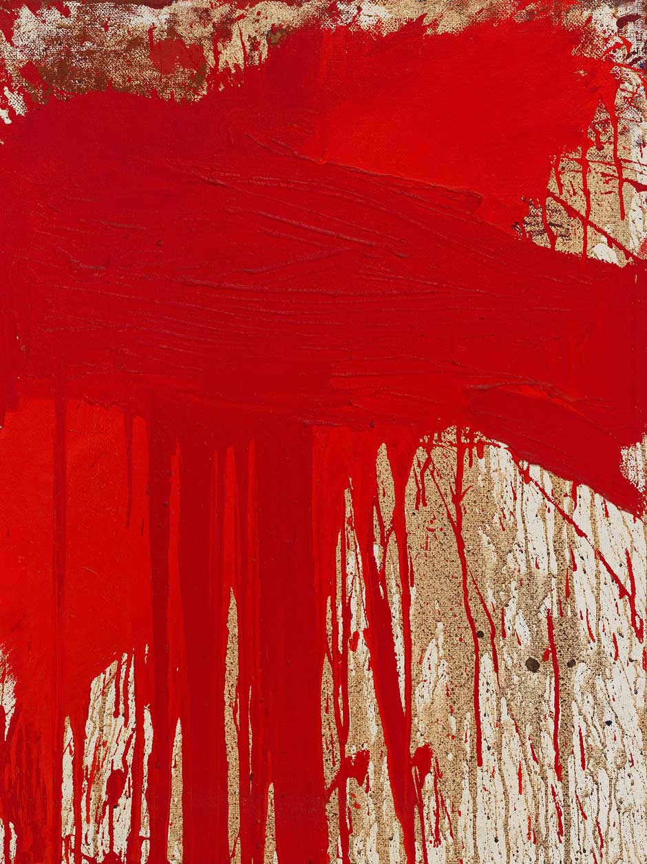 Hermann Nitsch (Wien 1938 – 2022 Mistelbach NÖ) Schüttbild, auf der Rückseite zweimal signiert und datiert hermann nitsch 1990 und Archiv-Nr. K45/90, Öl auf Jute, 105 x 80 cm, über Holzrahmen, Startpreis € 25.000