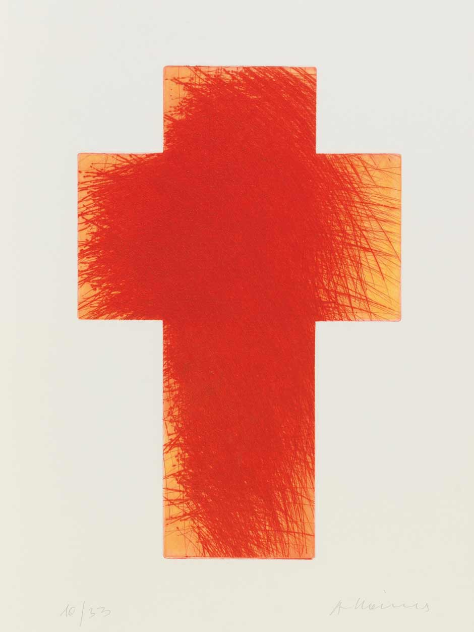 Arnulf Rainer (Baden bei Wien 1929 geb.) »Glutkreuz«, 1999-2001, Kaltnadelradierung in Farbe auf Velin, signiert A Rainer, Nr. 10 von 33 nummerierten Exemplaren, Plattenmaße 49,5 x 32,5 cm, Blattmaße 49,7 x 67,4 cm , Startpreis € 3.600