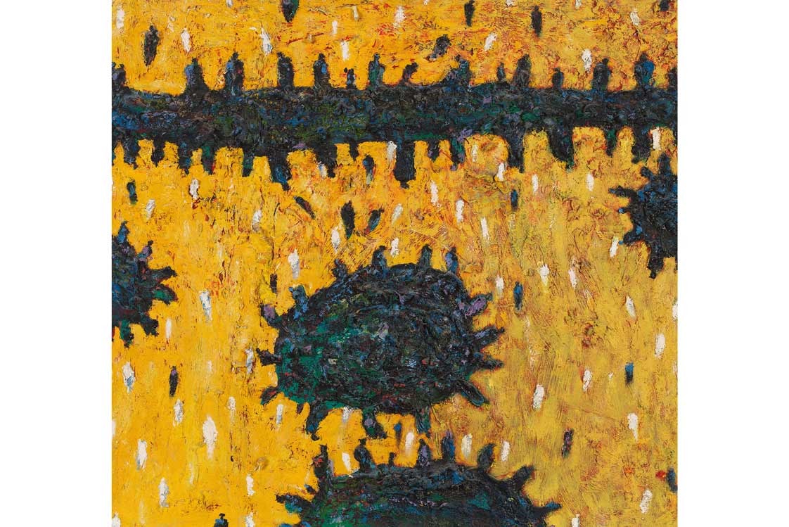 Gunter Damisch (Steyr/OÖ 1958-2016 Wien) »Weltgelbfeld«, auf der Rückseite zweimal signiert G. Damisch, datiert 1996, Öl auf Leinwand, 70 x 75 cm, Startpreis € 10.000
