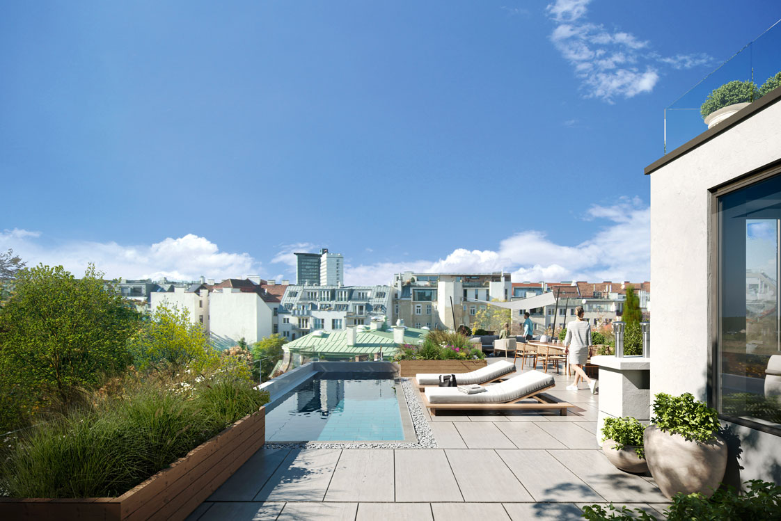 Ein weitläufiges Penthouse mit großzügiger Dachterrasse, privatem Lift, Pool und Blick über die Stadt beim aktuellen 3SI-Projekt.&nbsp;3si.at
