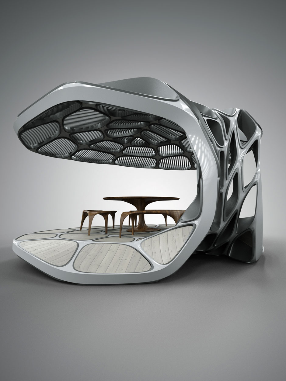 2015 SKULPTUR UND ARCHITEKTUR&nbsp;Als archaisch und futuristisch zugleich wurden die Entwürfe der irakisch-britischen Architektin und Designerin Zaha Hadid bezeichnet. 2015 entstand dieser Pavillon, der mit seinem ovalen Dach wie ein organisch gewachsener Pilzkopf wirkt. Er wurde am Computer der Natur nachgebildet, auch, um unnötiges Material zu vermeiden.&nbsp;