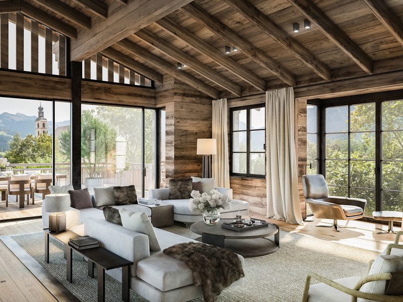 Header Bild: Alpines Flair&nbsp;Der frei sichtbare Altholzdachstuhl gibt dem Wohngefühl des Apartments »The Wood Hood« in »The Park Residences« einen unvergleichlichen Rahmen.