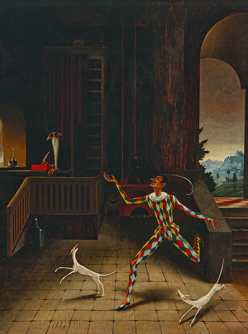 Franz Sedlacek, Der Zauberer und der Harlekin, 1927, Öl auf Holz, 78 x 73 cm, Schätzwert € 160.000 – 300.000, Auktion 28. November 2023