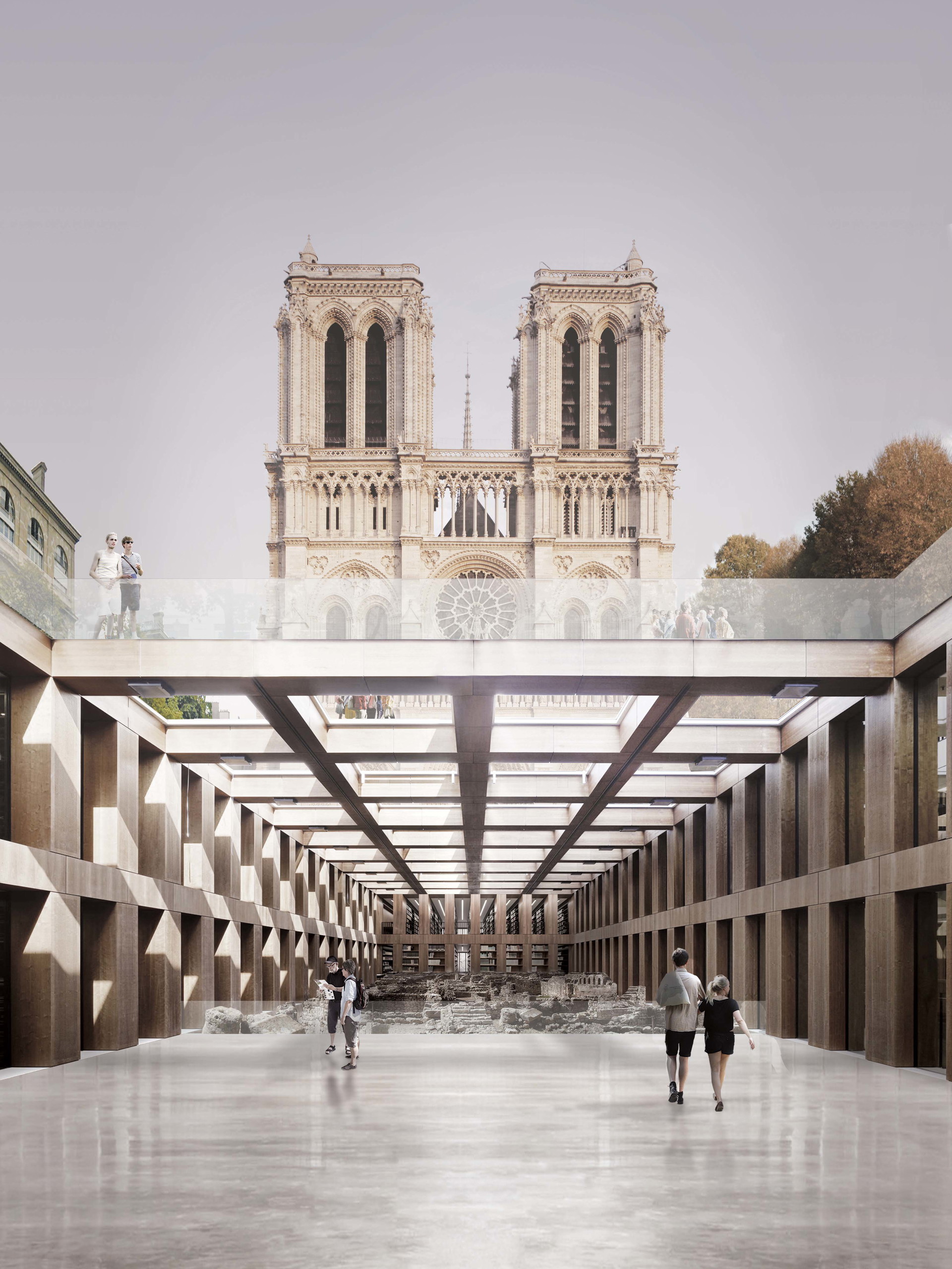 Masterplan Île de la Cité.
Neue Perspektiven auf Notre-Dame: Im Rahmen einer Neuorganisation 
des gesamten Innenstadtinsel 
in Paris soll vor der gotischen 
Kathedrale, die im April 2019 zum 
Teil niederbrannte, ein unter­irdisches Besucher:innenzentrum entstehen. Geplante Fertigstellung 2035. 