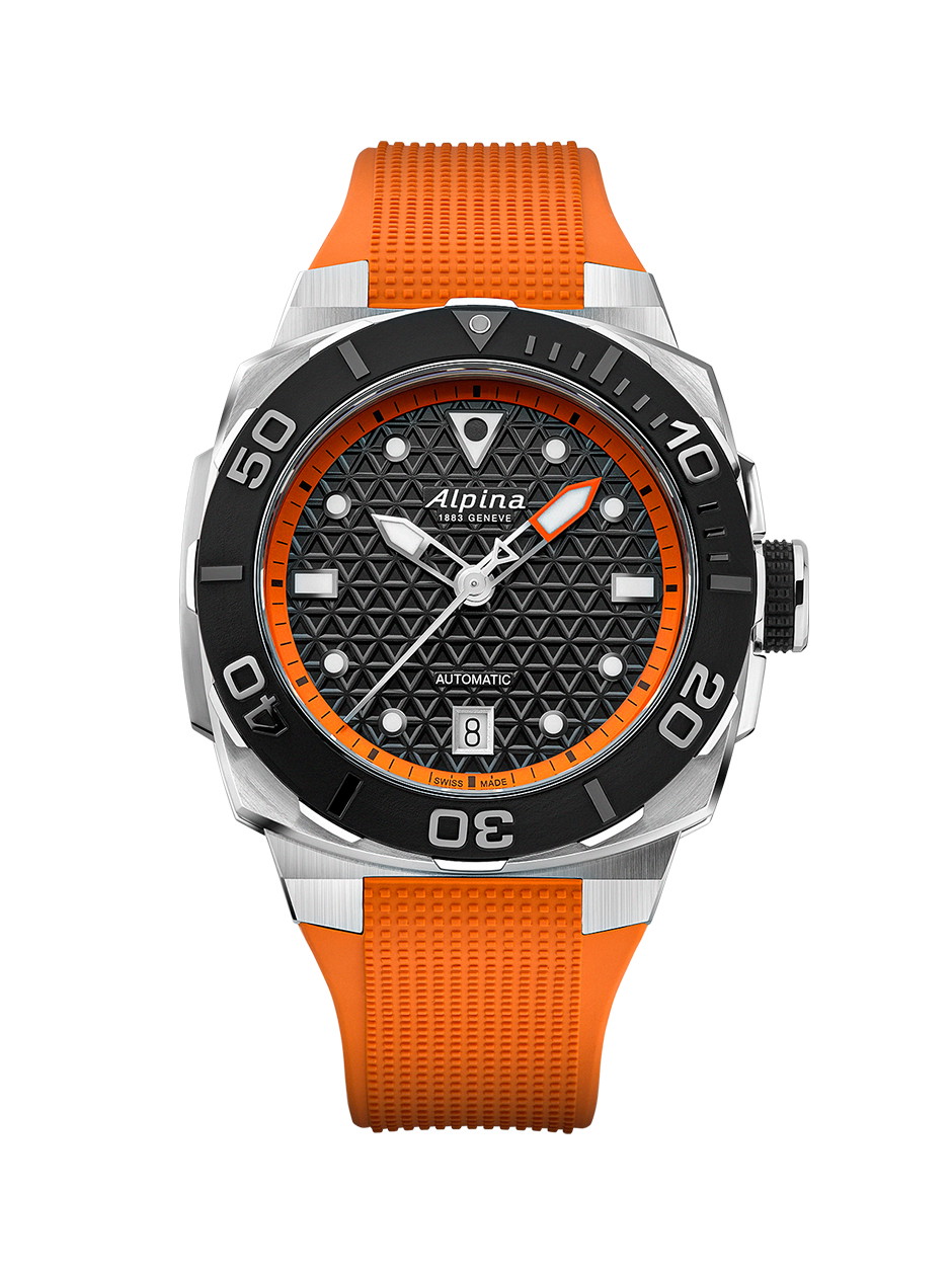 Warmes Orange. Alpina »Seastrong Diver Extreme Automatic«: Die Good Mood 
Watch, die jede sportliche 
Herausforderung meistert.
alpinawatches.com