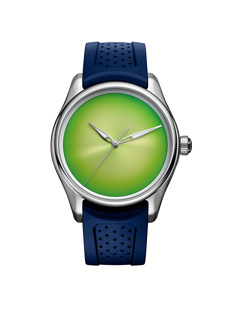 Flashy Lime. Hypnotisierend: H. Moser &amp; Cie gewinnt mit der »Pioneer Centre Seconds Concept Citrus Green« 
die Eyecatcher-Wertung 2024.
h-moser.com