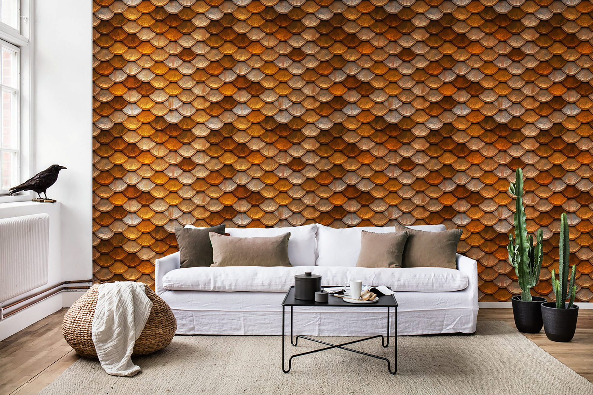 Opulent: Schimmernde Akzente in Form verschiedenster Farbnuancen setzt die Tapete »Golden Flakes« von Rebelwalls und sorgt für ein
abwechslungsreiches Ambiente. rebelwalls.com