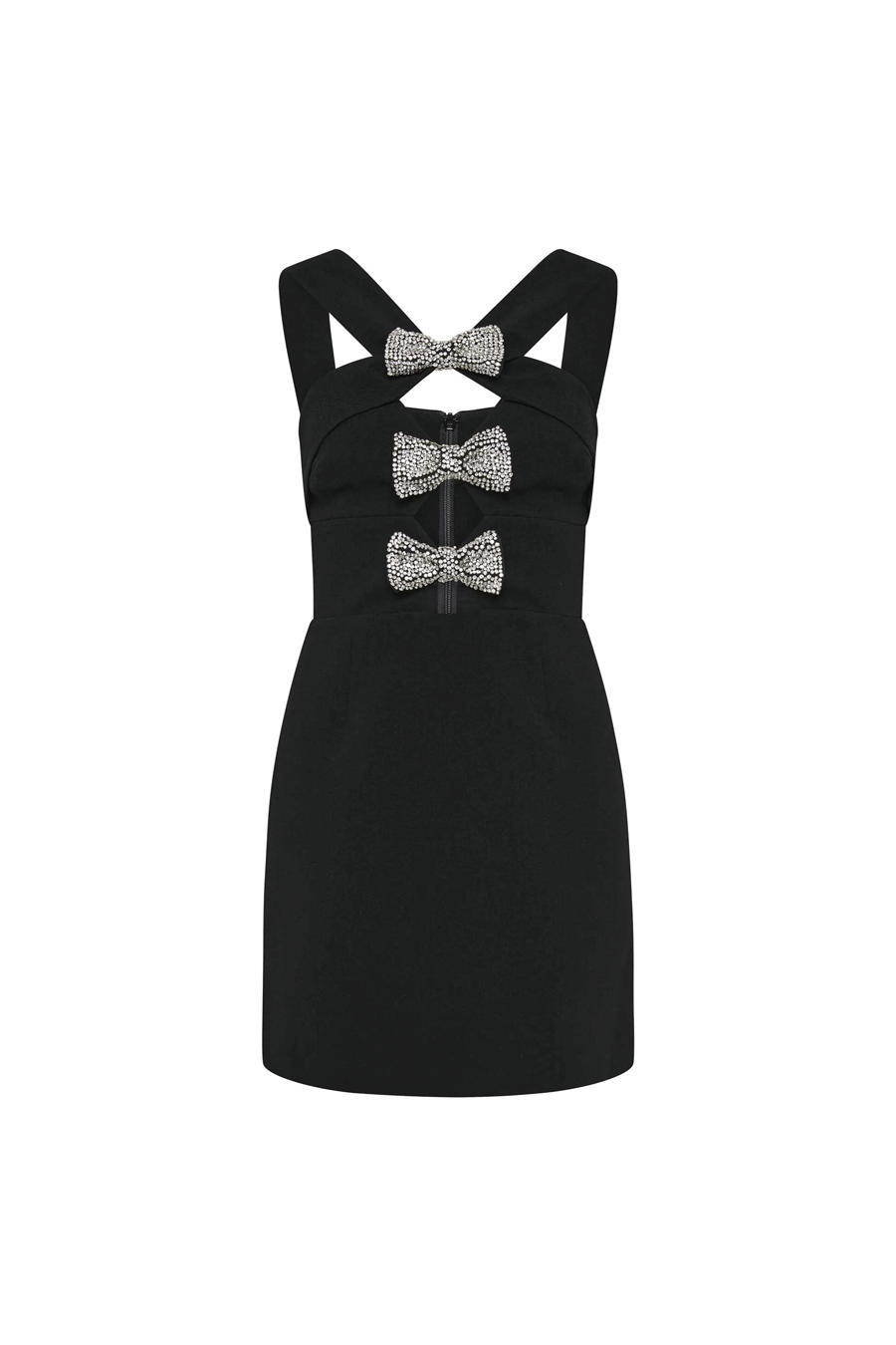 
Pretty in Black: Dieses Neckholder-Dress punktet mit raffinierten Front-­Ausschnitten und glitzernden Diamant-Schleifendetails im taillierten Oberteil.
rebeccavallance.com
