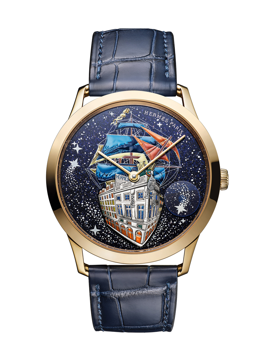 Hermés: Die »Slim d’Hermès Flagship«  beeindruckt mit Miniaturmalerei  auf Aventurin, Gold-Appliken mit Gravuren und einem beweglichen Stern bei 4 Uhr. hermes.com