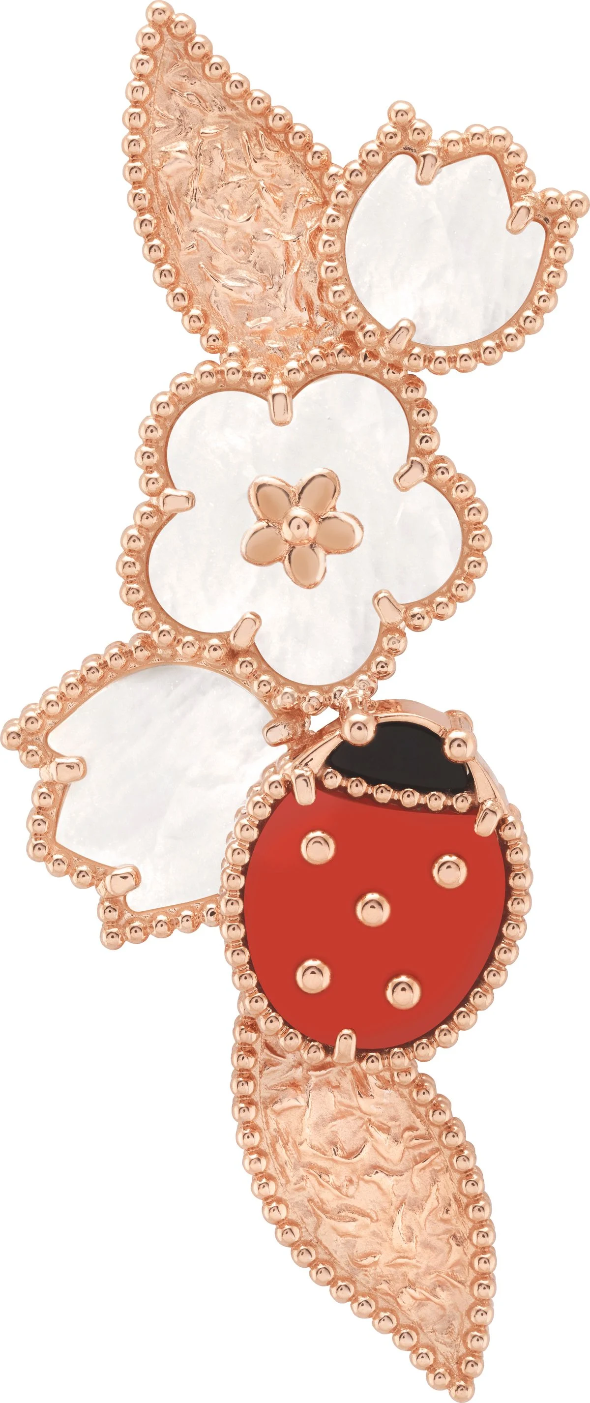 Frühlingserwachen: Brosche aus der »Lucky Spring«-Kollektion gefertigt aus 18 Karat Roségold mit Karneol, Onyx und Perlmutt. vancleefarpels.com 