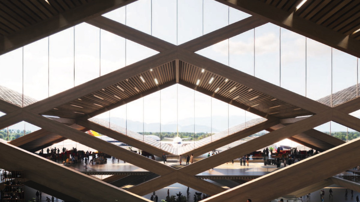 Airport aus Holz: Der Flughafen mit 3.000 Meter Landebahn wird gerade errichtet. Der Terminal wird vollständig aus Holz gebaut.