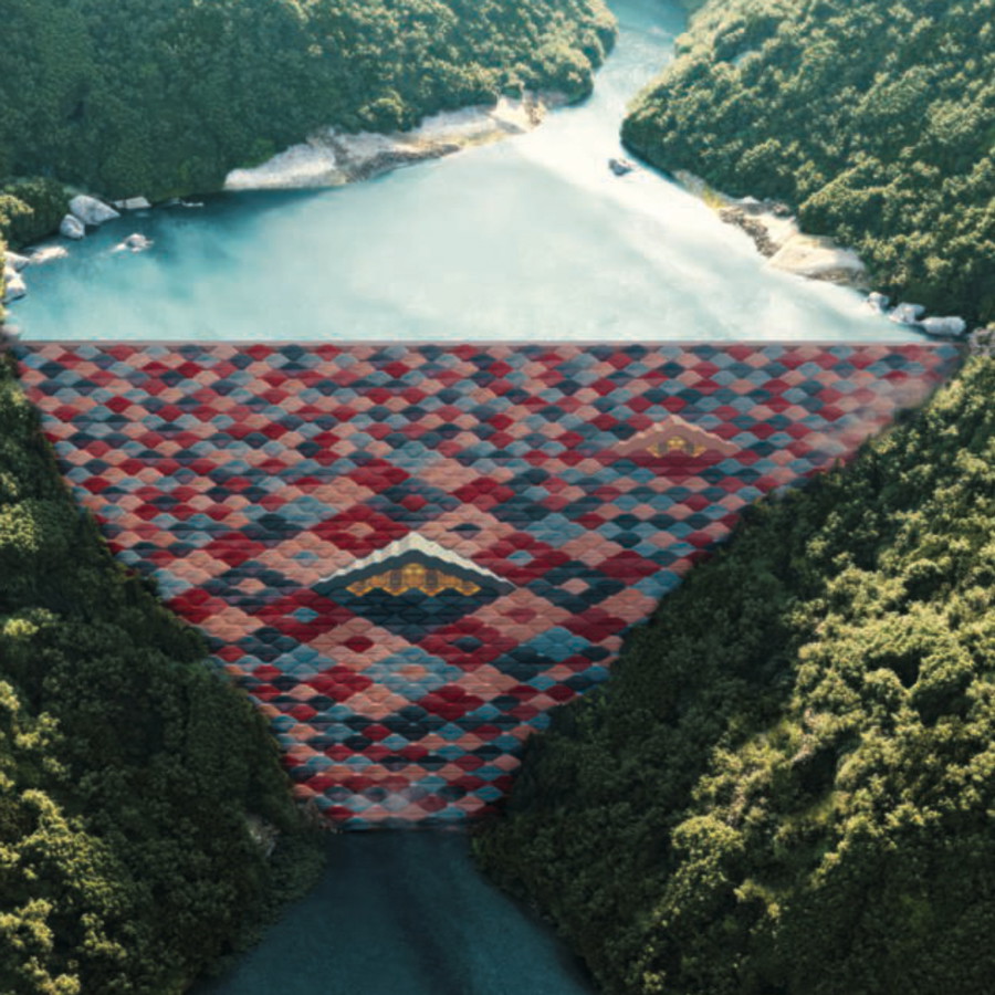Natur, Kultur, Wasserkraft: Der Damm als Symbol für die Harmonie von Natur und Kultur – mit bunten Quadraten; Stufen durch die Felswände führen zu Aussichtspunkten und einem Tempel