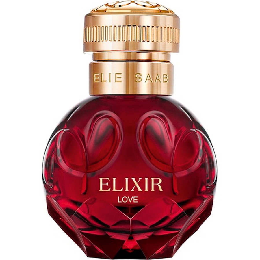 Farbe der Liebe: Der runde Flakon von »Elixir Love« glänzt in der roten Farbe eines Granatapfels und ist mit Herzen verziert, seine goldene Kappe trägt das Monogramm von Elie Saab. eliesaab.com