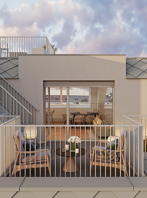  Schimmelgasse, Landstraße:
Mitten in Erdberg errichtet die ÖRAG dieses Wohnhaus mit insgesamt 46 Wohn­einheiten zwischen 47 und 165 Quadrat­metern. Das sind – zumindest von dieser Dachterrasse aus betrachtet – allerbeste Aussichten. ­Bezugsfertig im ersten Quartal 2026. 
oerag.at