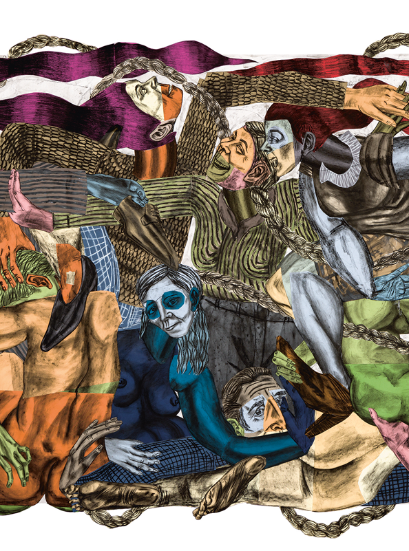 »Nothing Twice II«, 
Susanna Inglada: »Die großformatige  Collage zeigt, wie wertvoll Freundschaften und echte Gemeinschaft sind – auch wenn wir darum ringen müssen, sie zu bewahren. Besonders aktuell in einer von Konflikten geprägten Welt.«