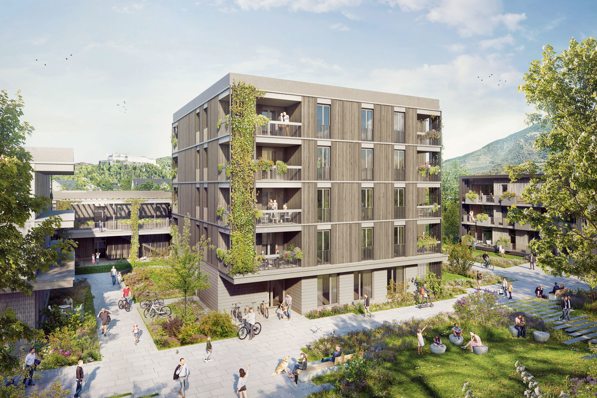 Gnice, Salzburg. Nach einem Masterplan von Froetscher Lichtenwagner und Strobl Architekten entsteht in Salzburg-Gneis diese grüne Musterstadt mit insgesamt 258 Wohnungen. Doch die wahren Werte liegen hier unterirdisch. 
froetscherlichtenwagner.at, stroblarchitekten.at, 
harderspreyermann.ch