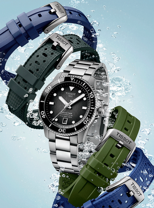 Wechselfreudig: »Tissot T-Sport Seastar 1000« mit Gehäuse aus 
Edelstahl. Das Band gibt es wahlweise in Edelstahl oder Kautschuk. tissotwatches.com 