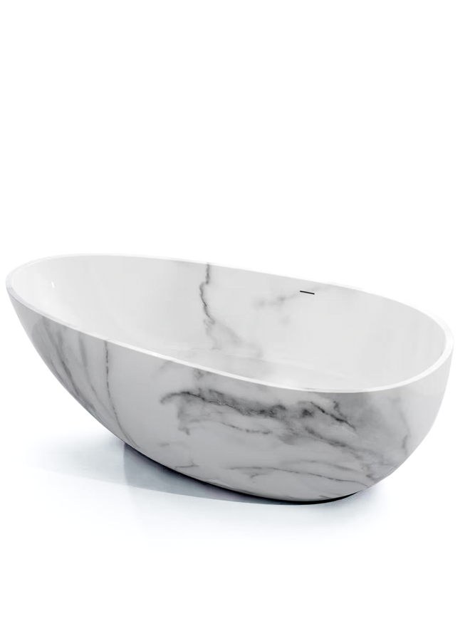 Marmor, Stein und Eisen bricht:
Die freistehende Oval-Badewanne aus Solid Surface mit stylischem
Marmor-Finish setzt markante 
Naturakzente im Bad.
steinberg-armaturen.de