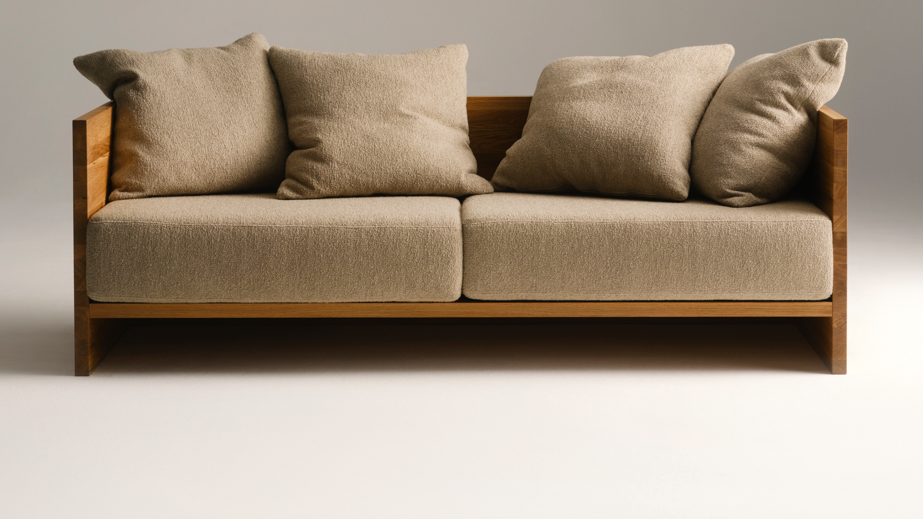 Sofa fürs Leben:
Für den »Kreuzberghof« entwarfen 
Nidus eine Sitzmöbel-Kollektion 
aus geölter Eiche und Bouclé-Stoff, die ebenso schön altert wie das Haus selbst.