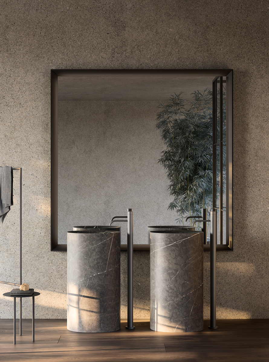 Stand-alone: Ein Waschbecken wie ein 
Monument. »Sabbia 4–5« aus Grey Stone ist eine optische Ansage und definitiv nichts für Konformisten.   