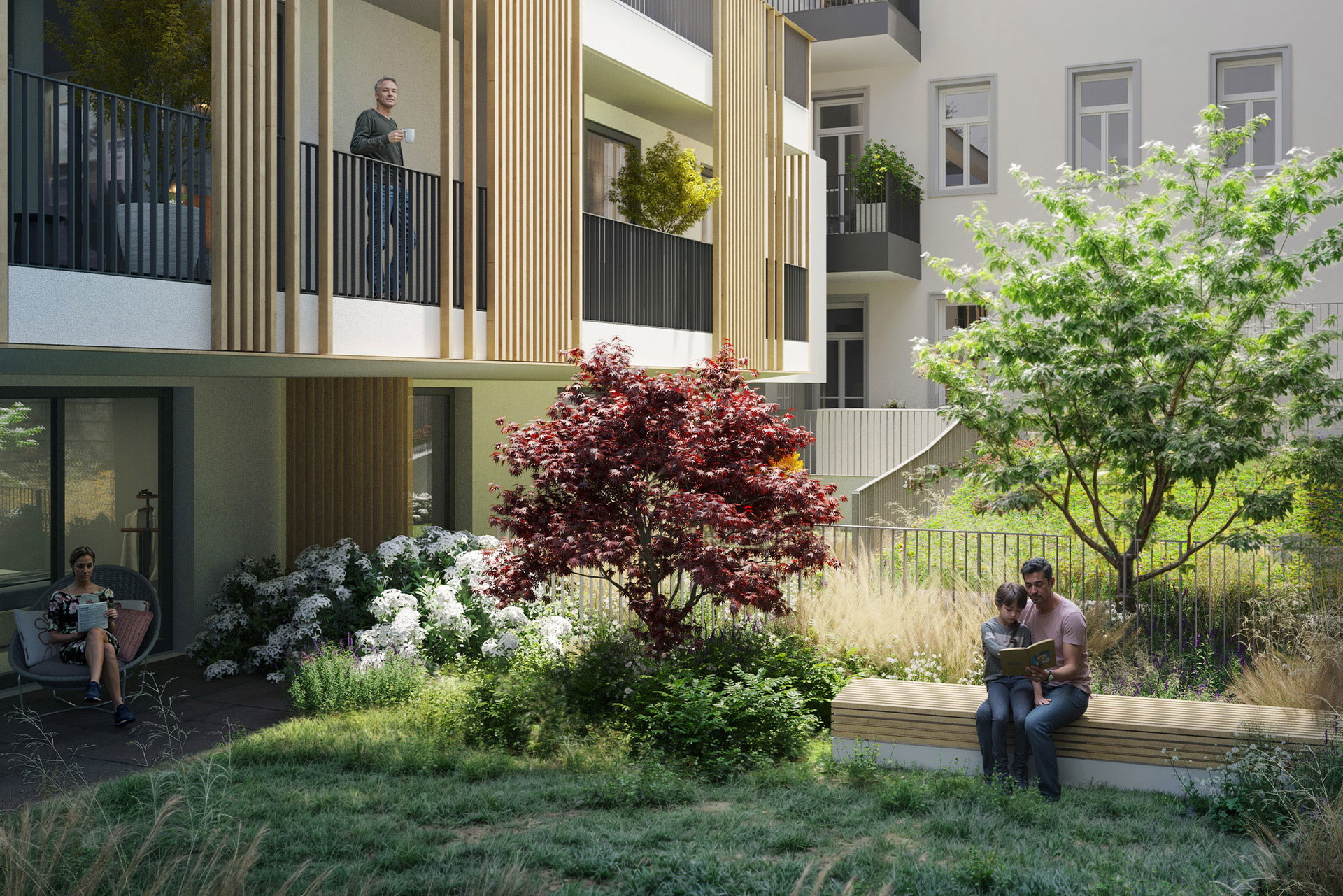 Der Garten einer Neubauwohnung. 