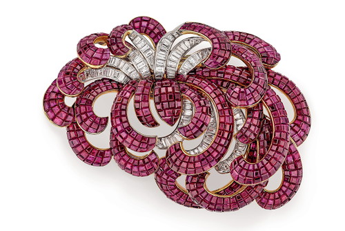 Clip Chrysanthemum, 1937, Platin, Gelbgold, Mystery-Set-Rubine, Diamanten