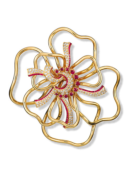 Silhouette Flower Clip, 1937, Gelbgold, Rubine, Diamanten