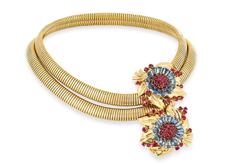 Passe-Partout, Schmuck, 1939
In eine Halskette, ein Armband oder einen Gürtel umwandelbar; abnehmbare Broschen
Gelbgold, Platin, Weißgold, Roségold, Rubine, Aquamarine