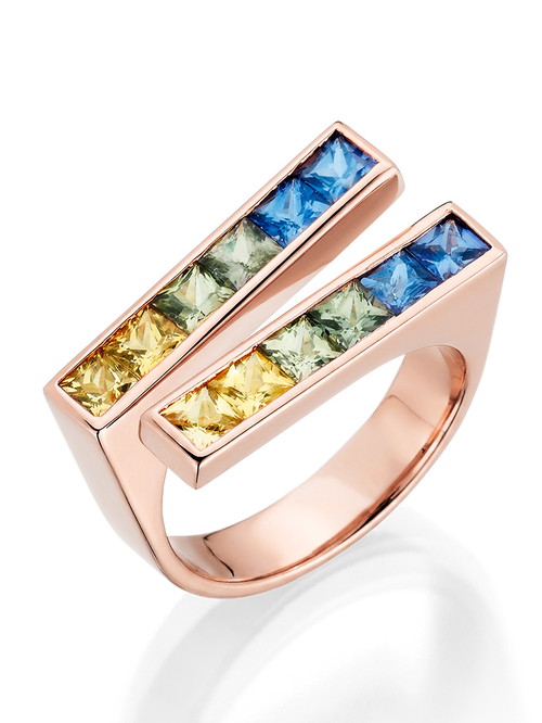 Ring mit gelb, grün und blauen Saphiren in 18 Karat Roségold von Schullin