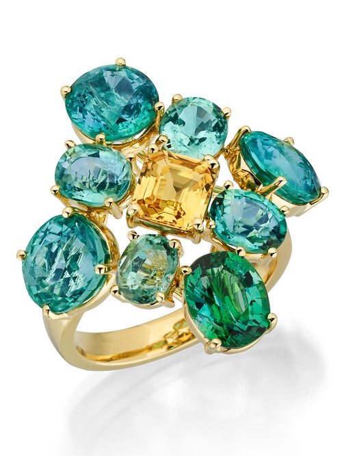 Ring mit grünen Turmalinen und gelbem Saphir in 18 Karat Gelbgold.