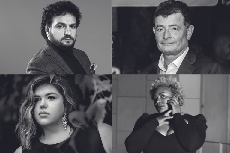 Hovhannes Ayvazyan, (oben links) Radames. Der armenische Tenor wird neben Jorge ­Puerta und Mikheil Sheshaberidze den ­Radames singen. Stefan Ottrubay (rechts oben) ist der Mann hinter dem Wunder und ­Vorsitzender der ­Esterházy-Stiftung. Leah Crocetto, (unten links) Aida. Sie sang Aida u. a. an der Met. Neben ihr als Aida: Ekaterina Sannikova und Leah Gordon. Raehann Bryce-Davis (unten rechts), Amneris  Die Mezzosopranistin teilt sich die Rolle mit Kseniia Nikolaieva und Sofija Petrović.