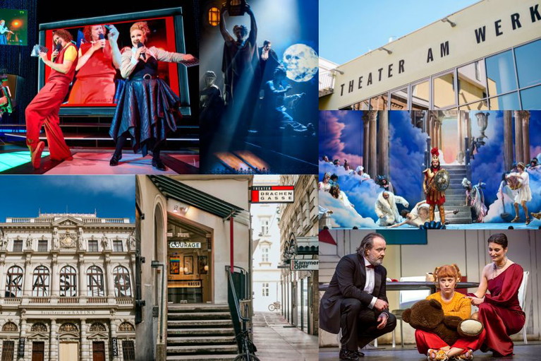 Die Abonnements beeinhalten ein vielseitiges Theaterangebot (von oben links): Vom Volkstheater zum Raimundtheater, Theater am Werk, Burgtheater, Drachengasse, Volksoper, Theater der Jugend und viele weitere!