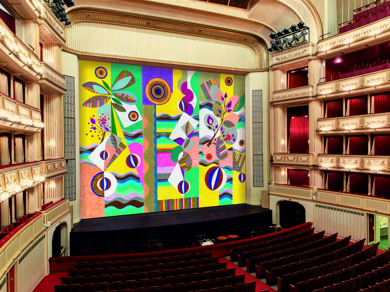 Beatriz Milhazes Kunst „Pink Sunshine" ist der neue Eiserne Vorhang der Wiener Staatsoper für 2021/2022.