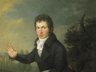 Beethoven mit Lyra in einer Landschaft, im Hintergrund der Tempel des Apoll. Das Gemälde von Joseph Willibrord Mähler entstand in Wien um 1804.