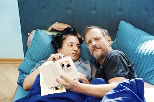 Maria Happel backstage mit Christoph Grissemann - und Loriot.