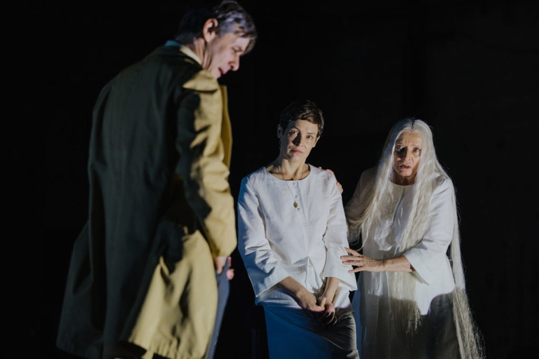 Markus Meyer, Katharina Lorenz und Barbara Petritsch in „Die Schwerkraft der Verhältnisse" am Burgtheater.