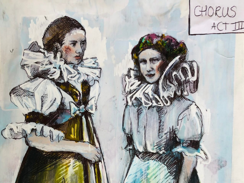 Figurinen zweier Chorsängerinnen aus dem dritten „Jenůfa“ -Akt mit kunstvollen Ärmeln und Halskrausen
