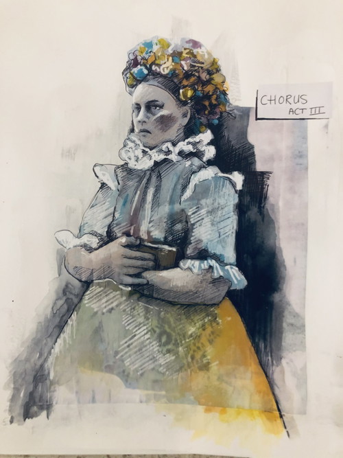 Figurine einer Chorsängerin mit aufwändigem Blumen-Kopfschmuck