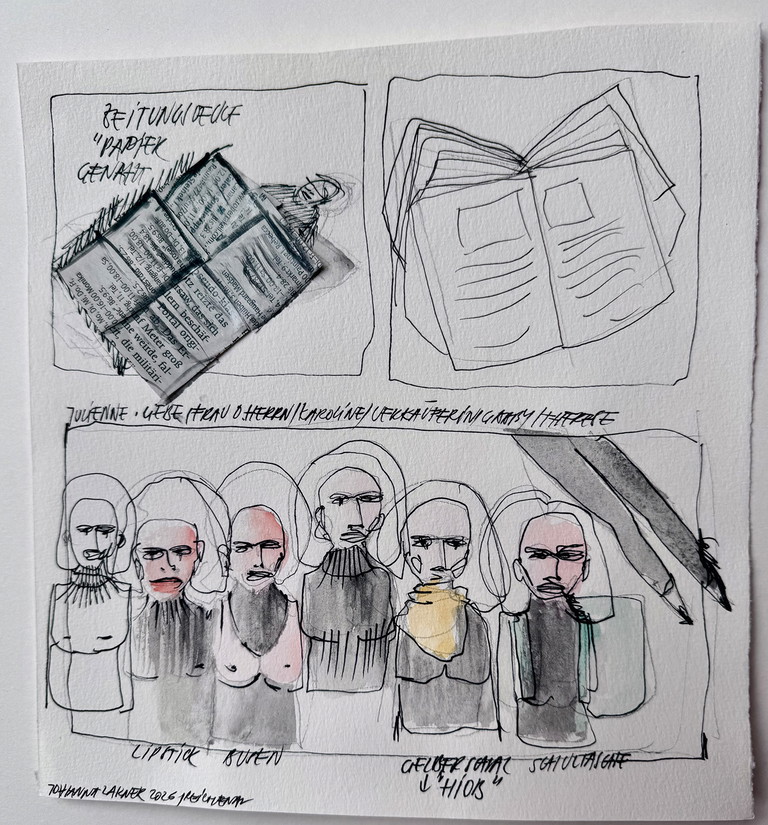 Skizzen, Entwürfe und
Anmerkungen von Johanna Lakner für Bühne und Kostüm des Stücks „Die Legende vom heiligen Trinker“.